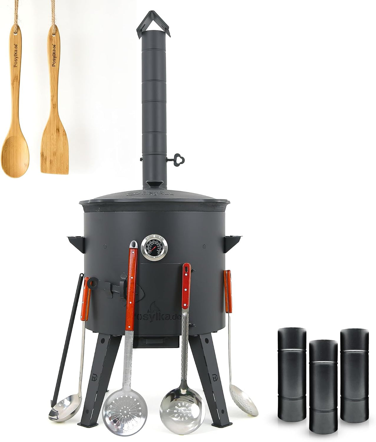 Utschak Feuerofen Ø 44 cm mit Thermometer & Gusseisen Topf 16 L, Ø 46,5 cm, Kazan-Set mit Deckel, Usbekischer Kochtopf aus Gusseisen, Gartenküche