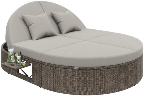 Rattan Doppel-Liege, Gartenliege mit seitlichem Regal, Individuell einstellbarer Winkel Outdoor-Sofa, Outdoor Daybed, Garten Relaxliege