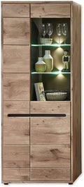 Stella Trading BELLANO Vitrine in Viking Eiche Optik, 80 x 202 x 38 cm (B/H/T), Moderner Vitrinenschrank mit LED-Beleuchtung und viel Stauraum