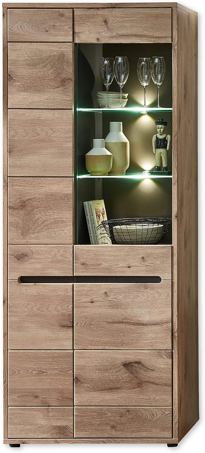 Stella Trading BELLANO Vitrine in Viking Eiche Optik, 80 x 202 x 38 cm (B/H/T), Moderner Vitrinenschrank mit LED-Beleuchtung und viel Stauraum