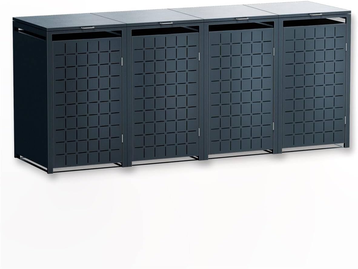 Metzler Mülltonnenbox 4er 240L Anthrazit mit Quadratmuster, Metall Mülltonnenverkleidung für 4 Tonnen abschließbar, Geo