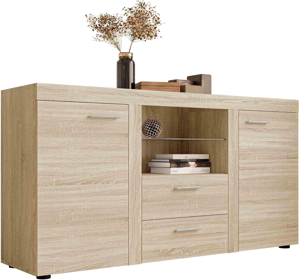 Mirjan24 Kommode Rango mit Glasboden, Highboard Sideboard, Anrichte, Naturtöne, Mehrzweckschrank, Wohnzimmerschrank, Anrichte, Schrank