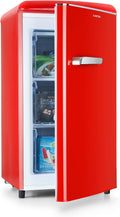 Klarstein Laika Gefrierschrank, 60 Liter Gesamtvolumen, 0 bis -18 °C, Thermostat mit 5 Stufen, 3 Einschübe, freistehend, Retro-Design, rot