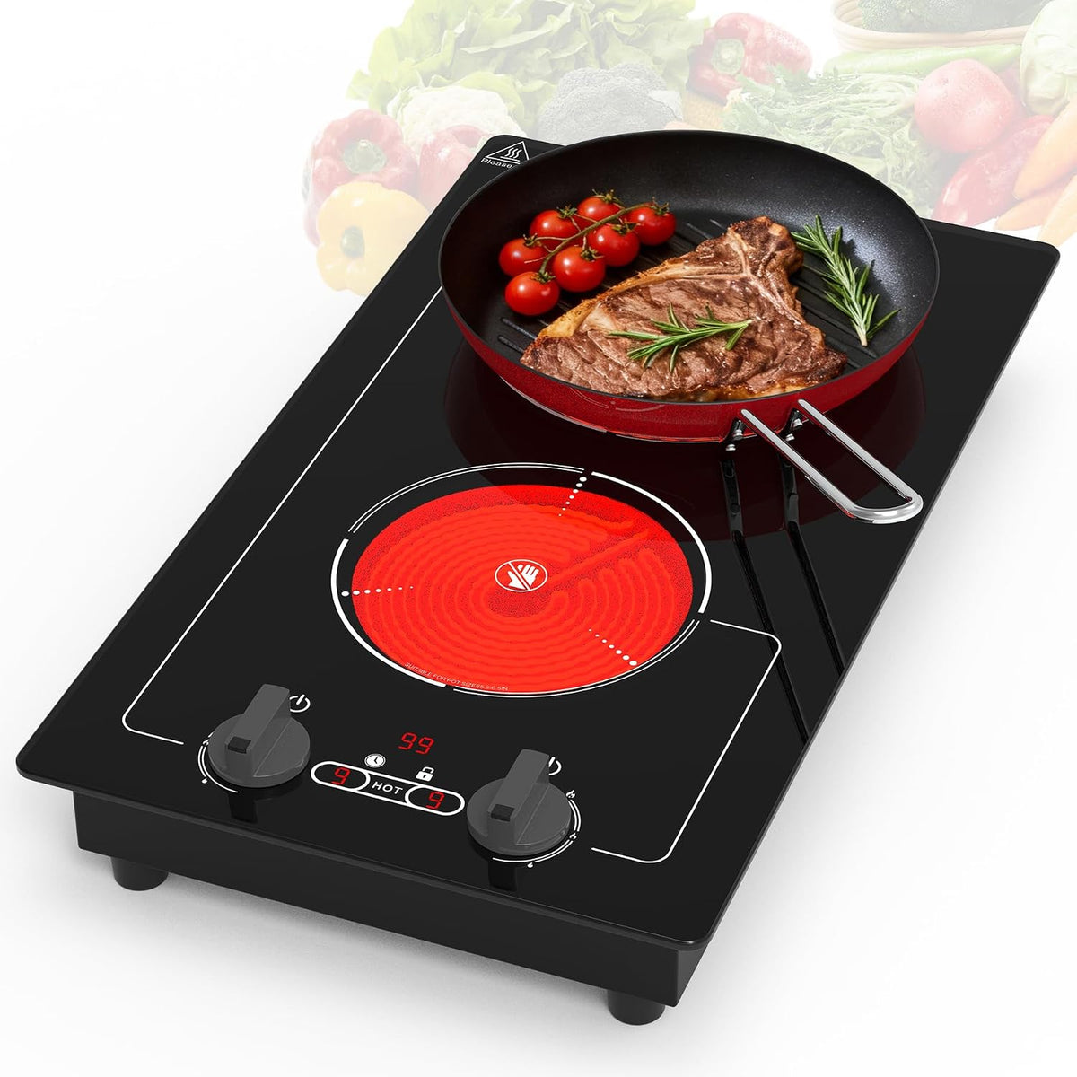 VBGK Cerankochfeld 2 Platten mit Stecker, 220V 3000W Glaskeramikkochfeld, 9 Leistungsstufen, Kindersicherung & Timer, Überhitzungsschutz
