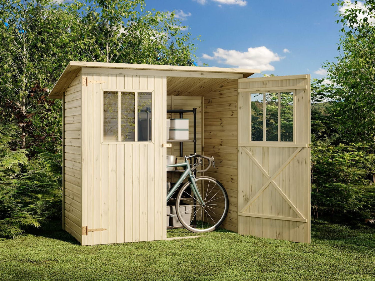 Alpholz Gerätehaus Zimowit aus Massiv-Holz, Gerätehaus mit 14 mm Wandstärke, Geräteschuppen 194 x 118 cm, Garten Holzhaus inklusive Montagematerial