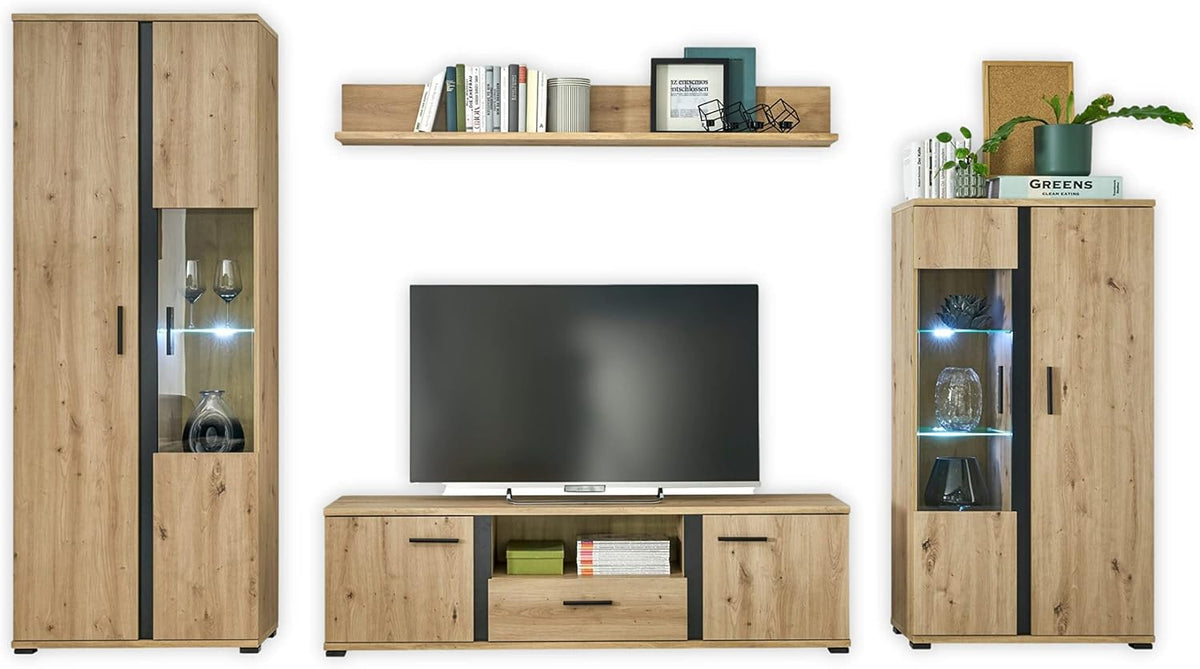 KANADA Wohnwand Komplett-Set in Artisan Eiche Optik, 340 x 196 x 40 cm (B/H/T), Moderne Schrankwand mit Beleuchtung für Ihr Wohnzimmer, Schwarz
