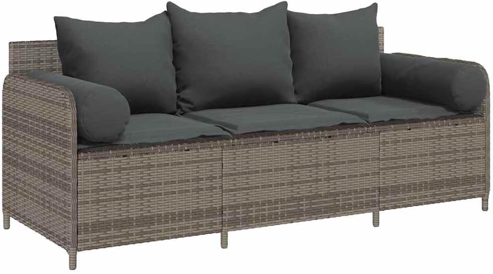 vidaXL Gartensofa mit Kissen 3-Sitzer Grau Poly Rattan