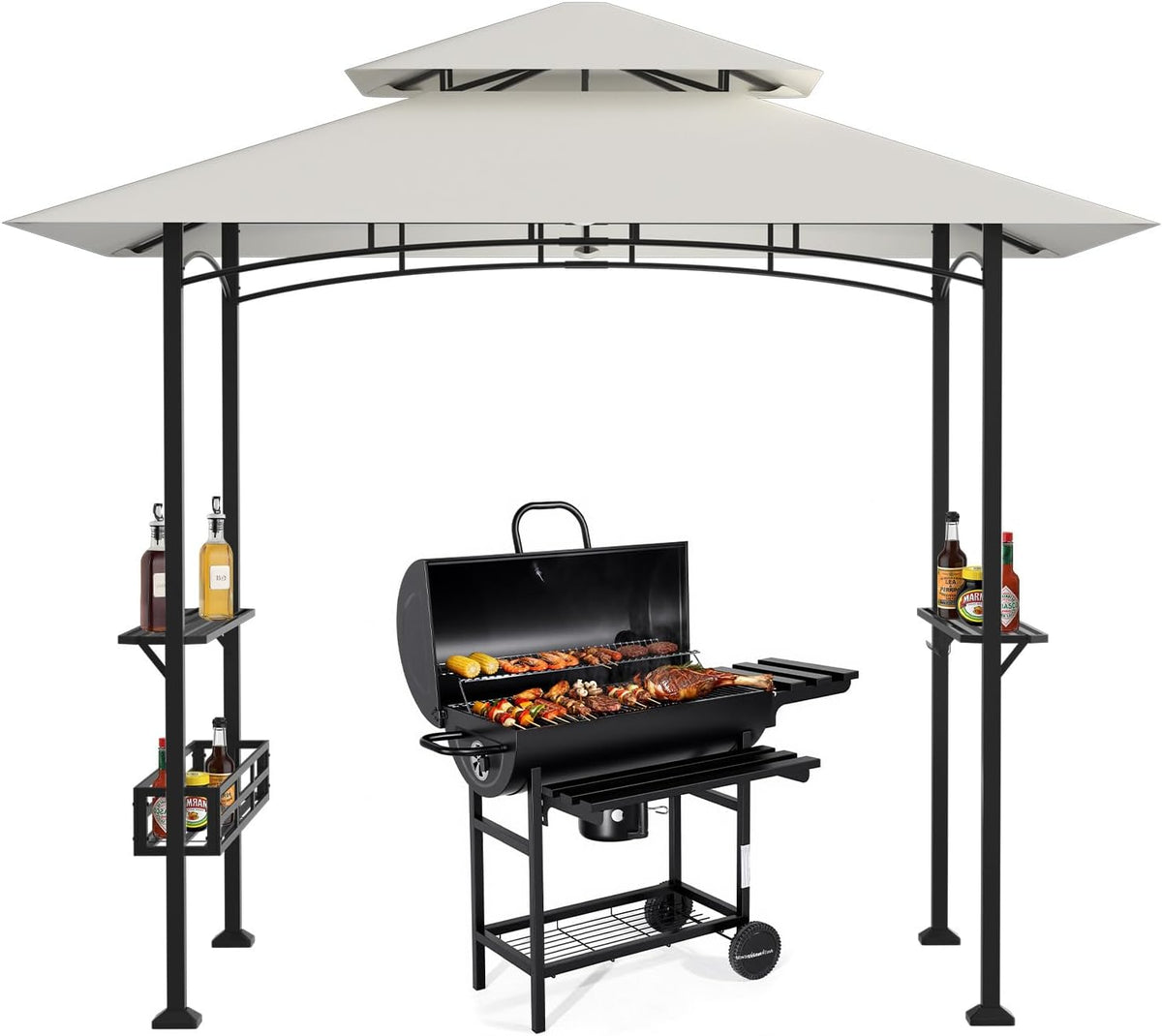 Grillpavillon 238 x 148 x 242 cm, BBQ Pavillon mit Doppeldach, UV30+ Sonnenschutz, für Garten und Terrasse, 2 Seitenablagen, Ablagekorb, 10 Haken