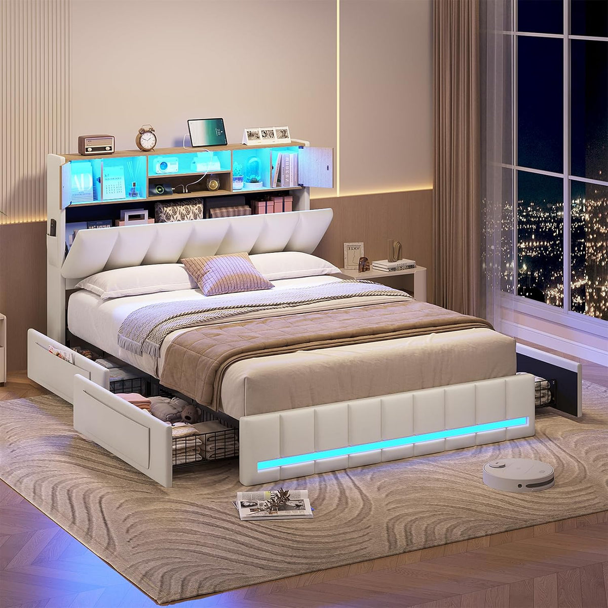 KIMENICH Bett 140x200 cm, Bett mit LED-Beleuchtung, Metallrahmen & Holzkopfteil mit Stauraum, für Schlafzimmer, Doppelbettgestell, Polsterbett