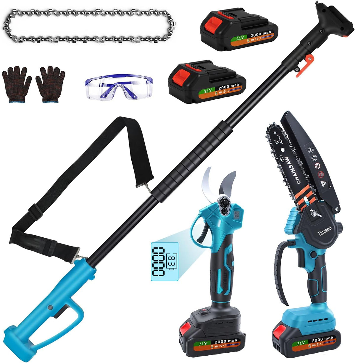 4-in-1 Akku-Gartenscheren Set mit 21V Lithium-Ionen Akku, Teleskop-Hochentaster bis 1.7 m, 8 Zoll Mini Kettensäge, 3 cm Astschere