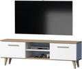 GERMAN TV-Schrank, TV-Möbel für Fernseher bis 70 Zoll, Lowboard 160 cm, mit Türen und Regalfächern, Skandinavisches Design, Weiß/Eiche