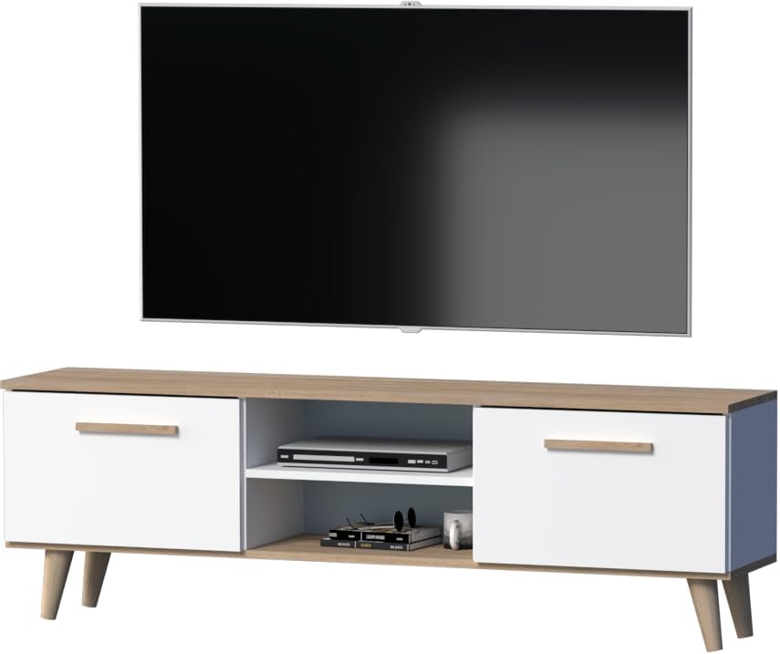 GERMAN TV-Schrank, TV-Möbel für Fernseher bis 70 Zoll, Lowboard 160 cm, mit Türen und Regalfächern, Skandinavisches Design, Weiß/Eiche