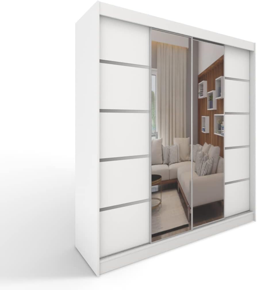 ML Furniture C5 Schiebetüren Kleiderschrank 150 x 200 x 58 cm mit Spiegel, Schlafzimmermöbel, Aufbewahrung, Mehrzweckschrank, Farbe: Weiß