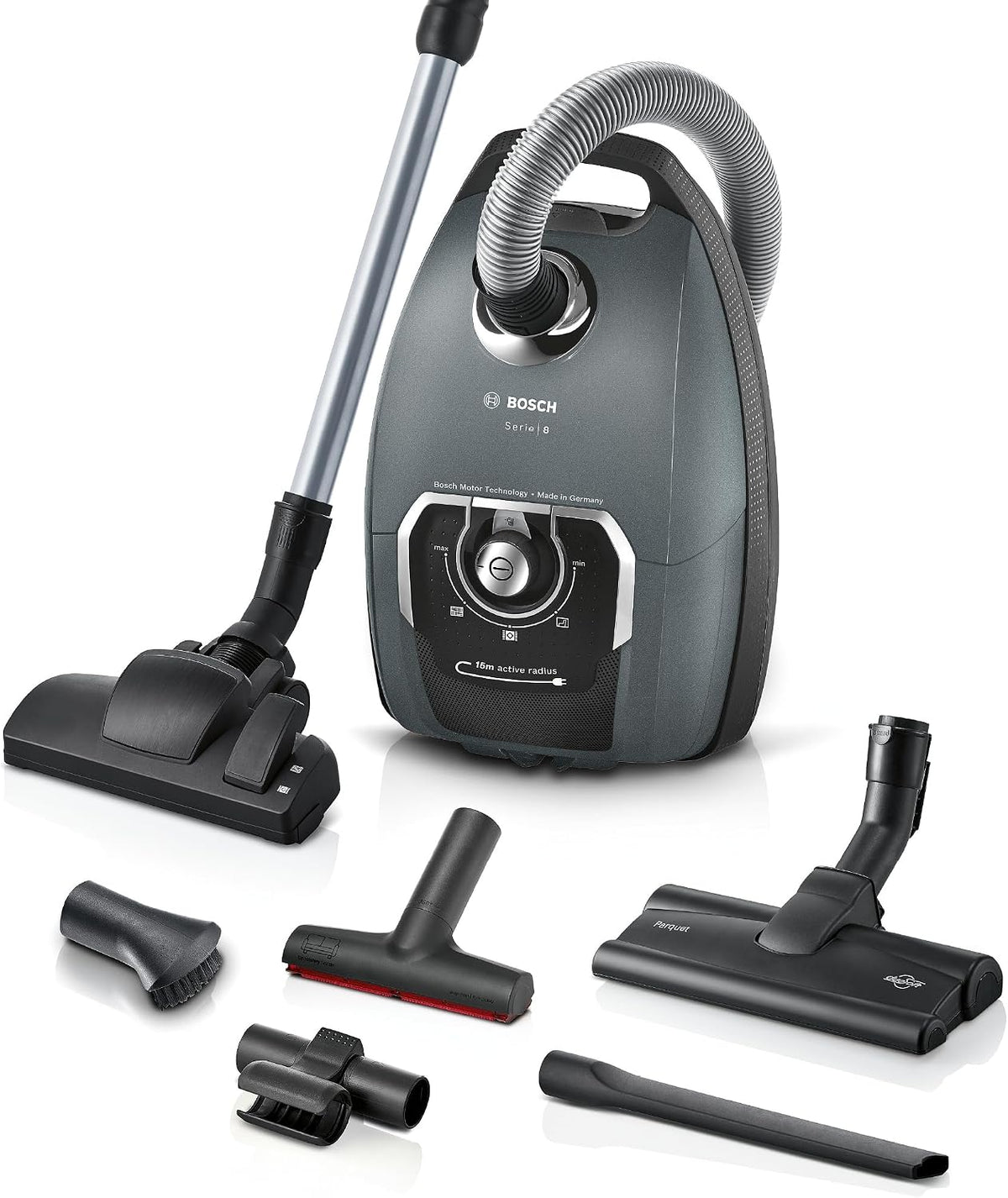Bosch Staubsauger mit Beutel Serie 8, BGL75X1PRQ, für Allergiker, Hygiene-Filter, 10 J. Motorgarantie, Hartbodendüse, XXL-Polsterdüse, XXL-Fugendüse