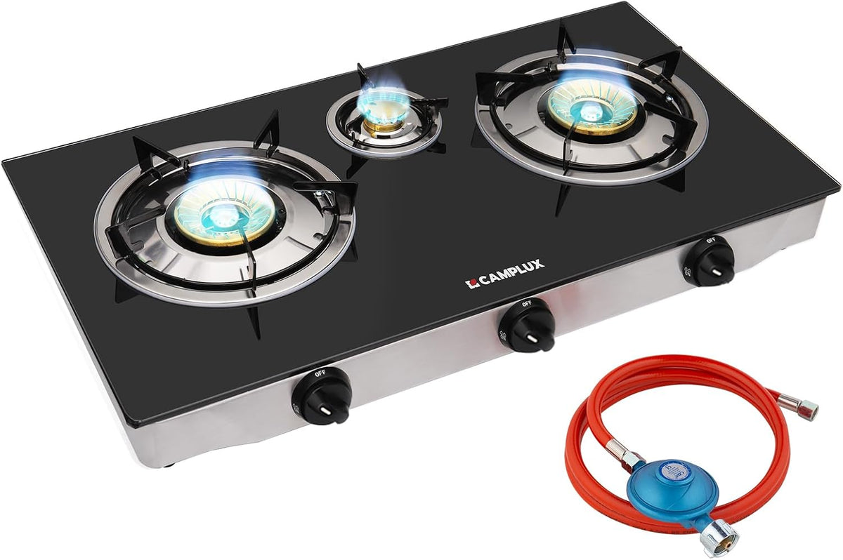 CAMPLUX TC03GB 3 Flammig Glas Gaskochfeld/ 6,25 kW LPG Gaskocher/Tragbar Campingkocher für Camping/ 72,5cm/ 50mbar Gasregler