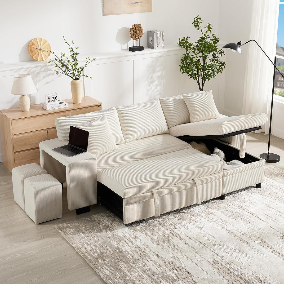 DRIXNO Klappsofa mit Schlaffunktion, 3-Sitzer-Umbausofa mit Seitenablagen und Stauraum, L-förmiges umbaubares Ecksofa mit USB-Ladeanschluss und Kissen