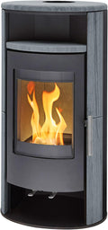 H&M Kaminofen Basic 2.0 gussgrau Naturstein 7kw Holzkamin modern runde Sichtscheibe langlebig Tür und Feuerraumboden aus Guss Speicherverkleidung