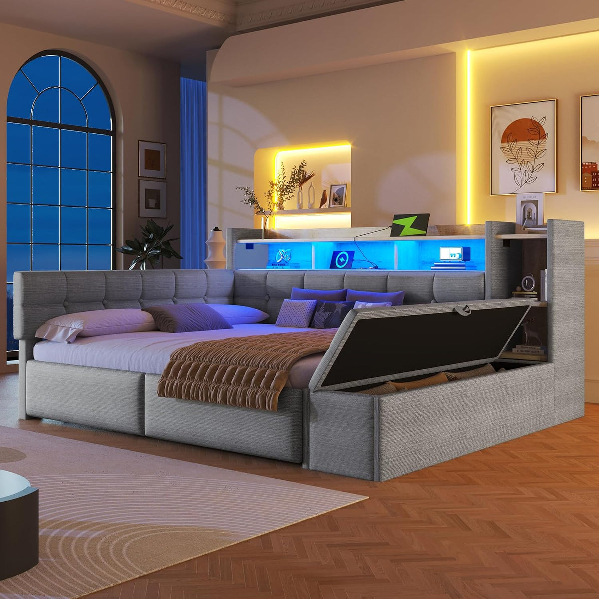 Tagesbett, Ohne Matratze, 140 × 190 cm, mit Zwei Schubladen, Daybett, Schlafsofa, USB- und Typ-C-Anschlüssen, Ablagefach, Stauraumbank am Fußende
