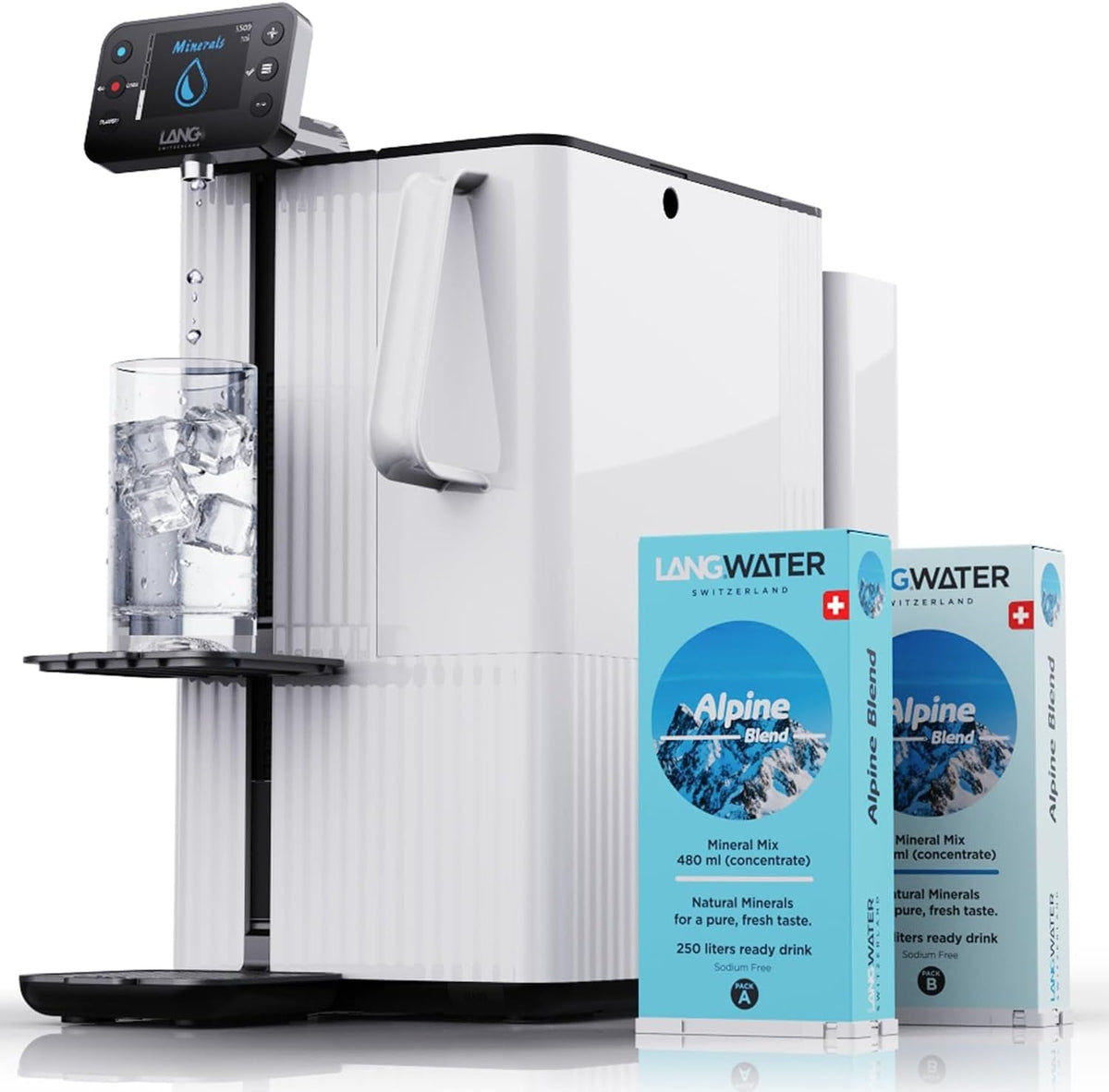LANGWATER Auftisch Osmoseanlage mit Anpassbarer Mineralisierung & Heißwasserspender, UV & 2 Mineralpacks aus der Schweiz, 4-stufigem, NSF58
