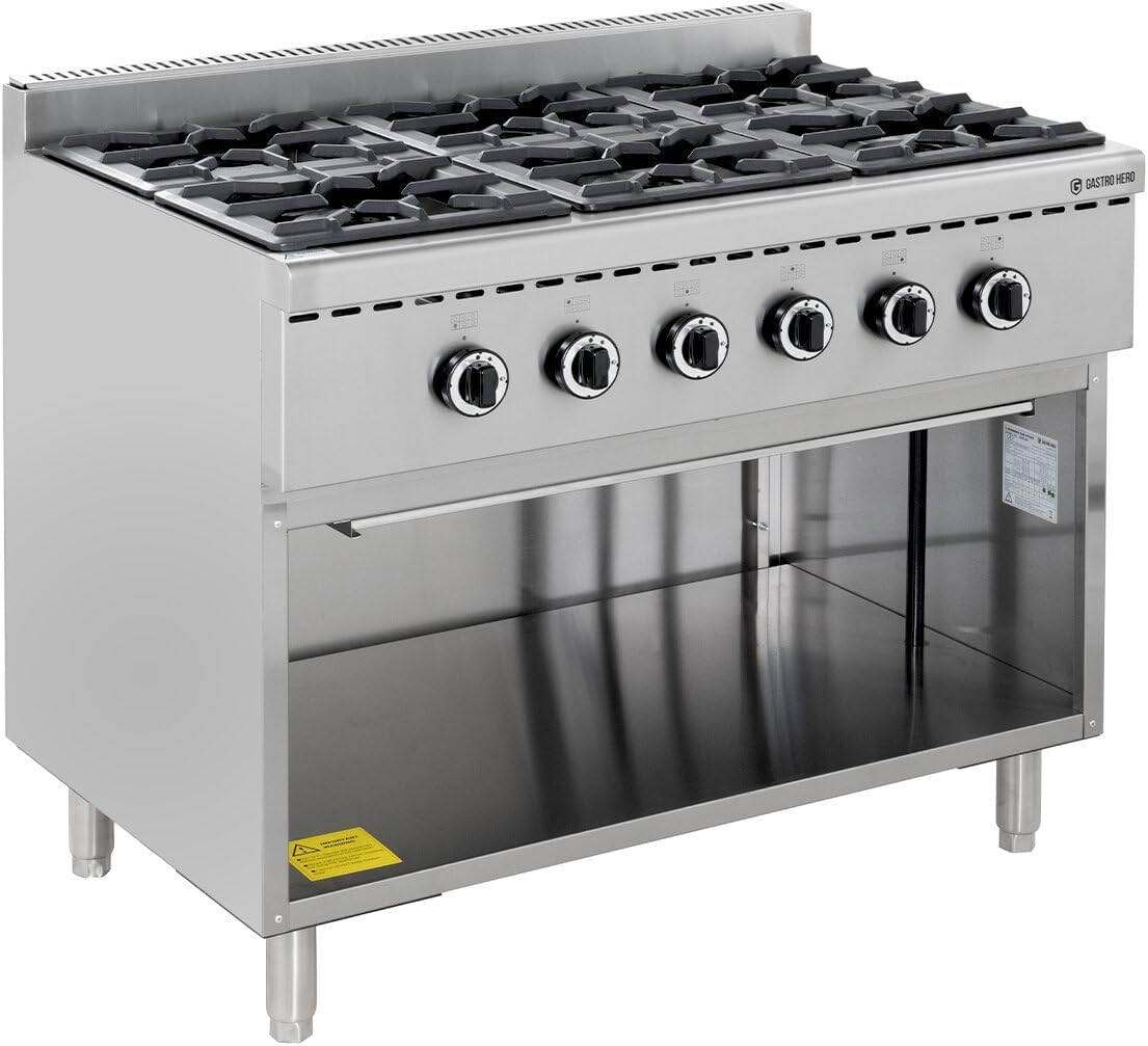 GastroHero Gasherd, Edelstahl GHBO6B, 6 Brenner, offener Unterbau